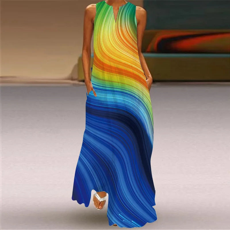 Vintage Print Maxi Dress For Women Summer Loose Sleeveless Long Dresses Elegant Lady V Neck Pocket Boho Beach Sundress Vestidos
