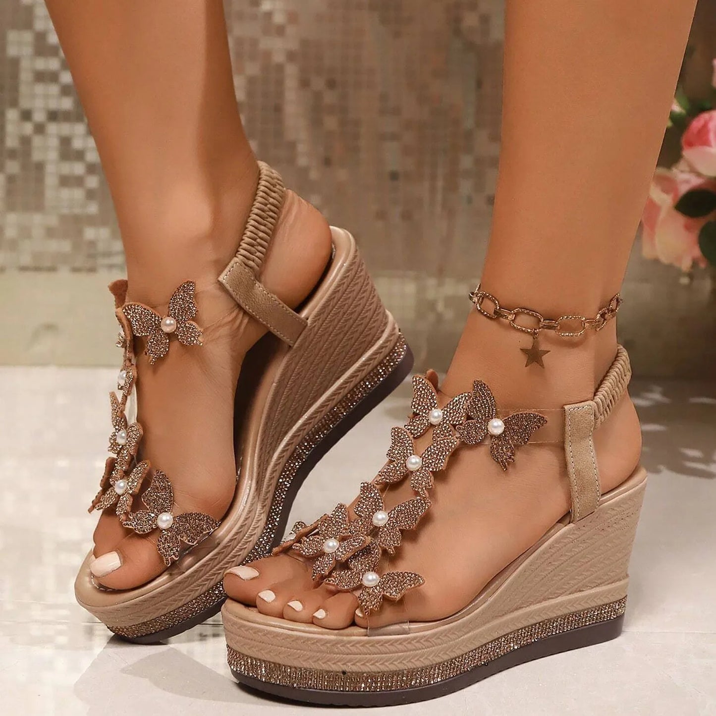 Women's High Wedge Sandals Platform Fashionable Butterfly Decoration Rhinestones Popular Among Toe Sandals For Women