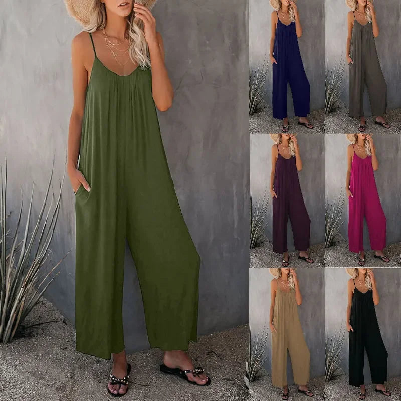 European and American Suspender  Women's Summer Foreign Trade Solid Color Pocket Casual Jumpsuit