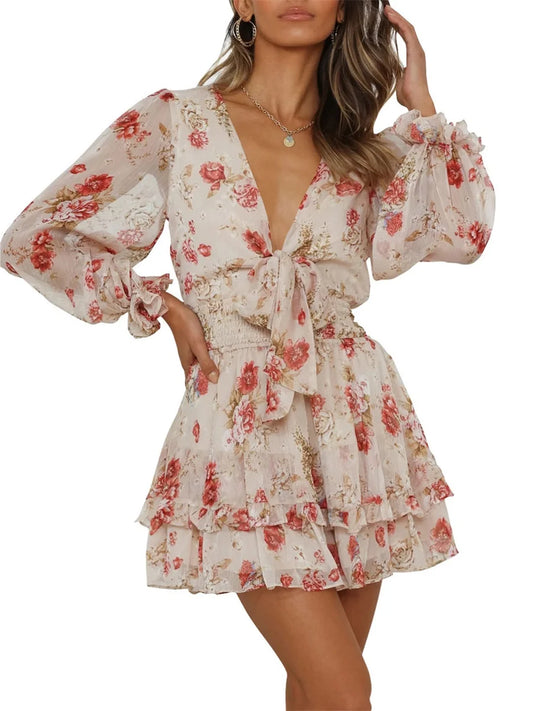 Casual Mini Dress Floral Print Deep V-Neck Tie-Up Long Sleeve  Ruffles Dress