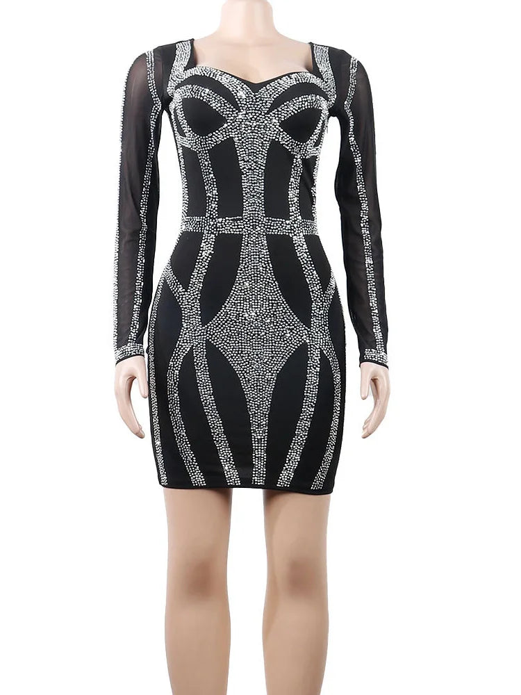 Sparkle Black Rhinestone Bodycon Mini Dress Mesh Sleeve Sequins