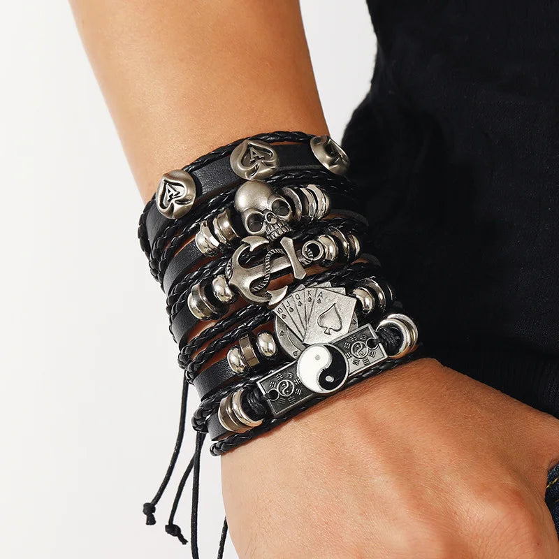 1 Fashion Bracelet Viking Bracelet For Men Hand Bracelets Woven Skull Hand Jewelry Adjustable Leather Set Bracelet