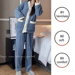 2pcs/Set Autumn And Winter Pajamas Women Thickened Padded Warm Velvet Suit Cardigan Trousers