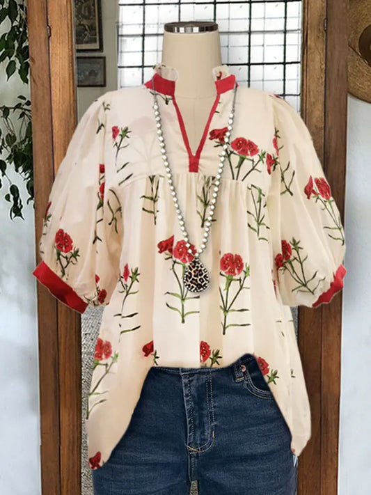 Elegant Floral Print Pleated Puff Sleeve V-neck  Flowers  Blouse