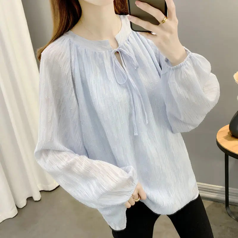 Stylish Solid Color O-Neck All-match Lace Up Chiffon Blouse