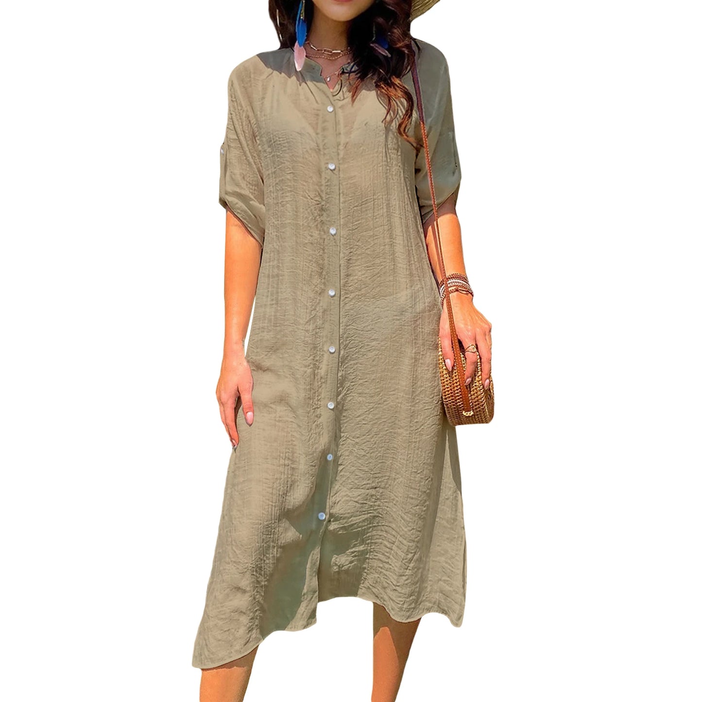 Loose Bikini Cover Up Solid Color Short Sleeve Button Down Shirt for Summer Swimsuit