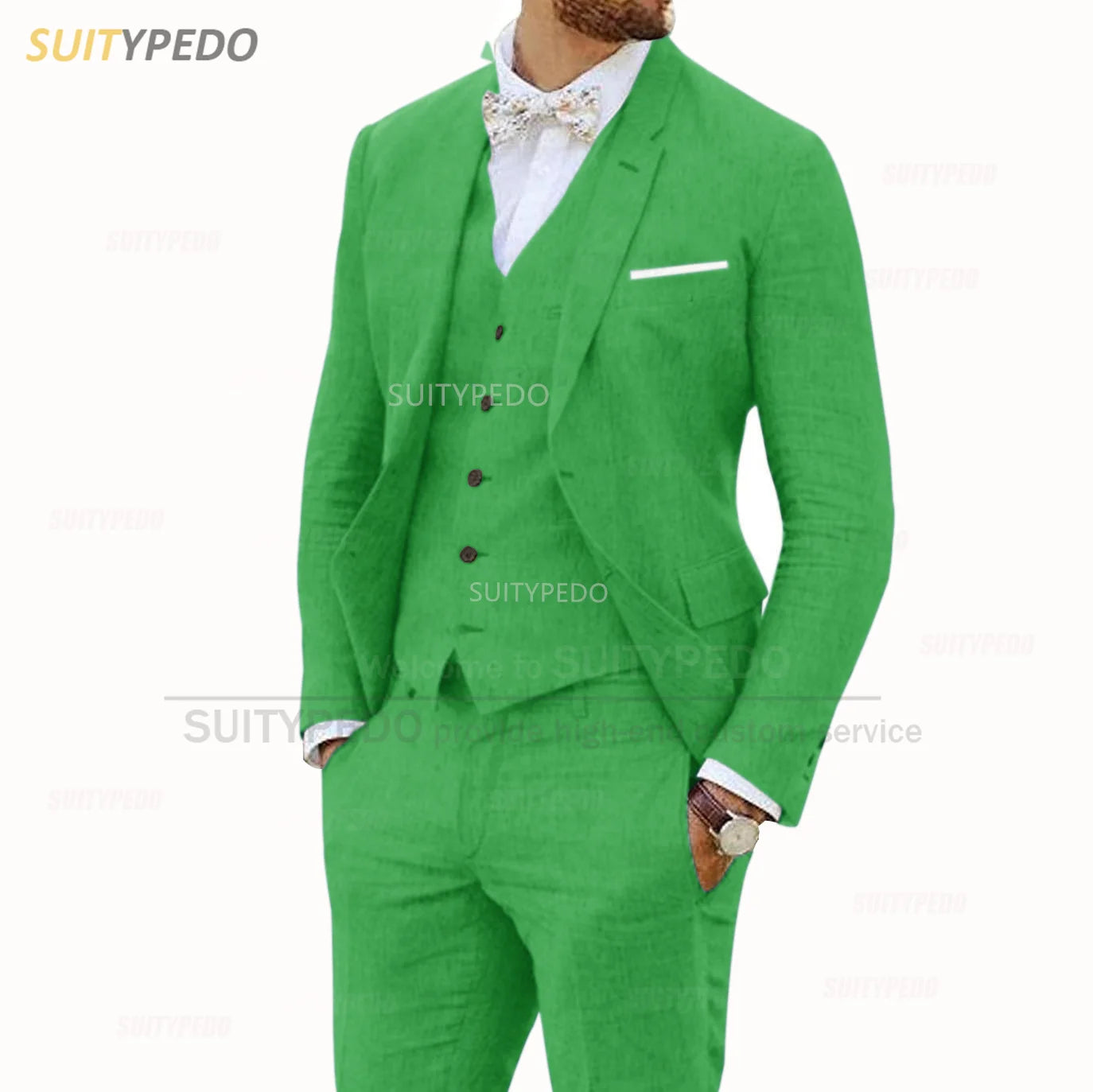 Linen Suits for Men 3 Pieces Casual Slim Fit Suit Blazer Vest Pants Set Formal Prom Wedding Tuxedos for Groomsmen Best Man