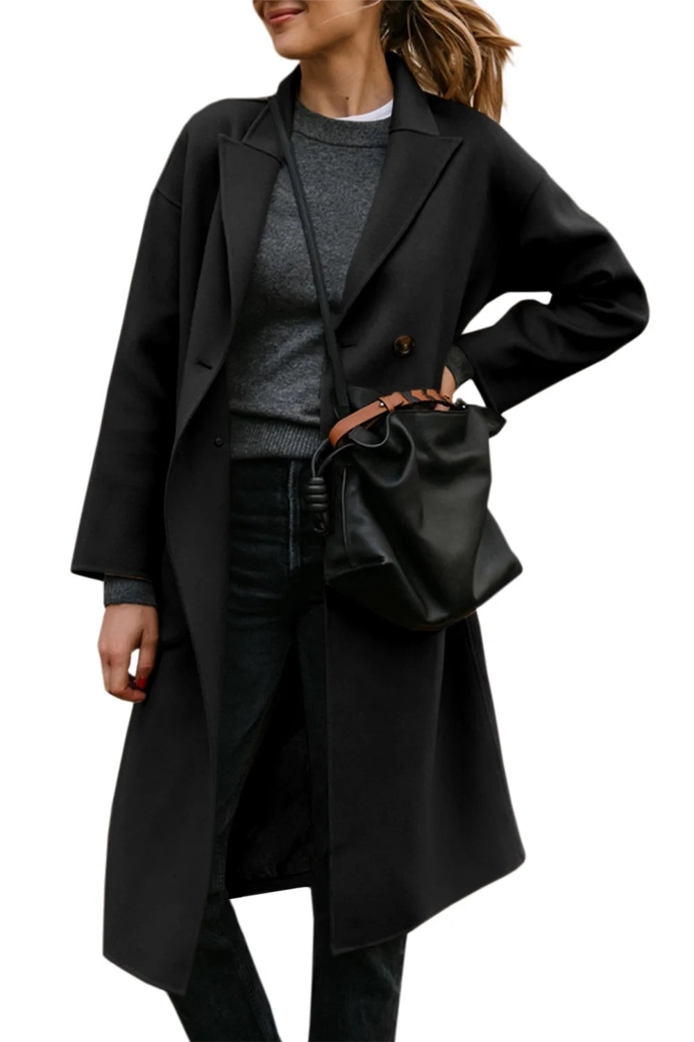 Double-breasted Trench Coat With Lapel Pockets Long Sleeves Mid Length  Casual Trench Jacket