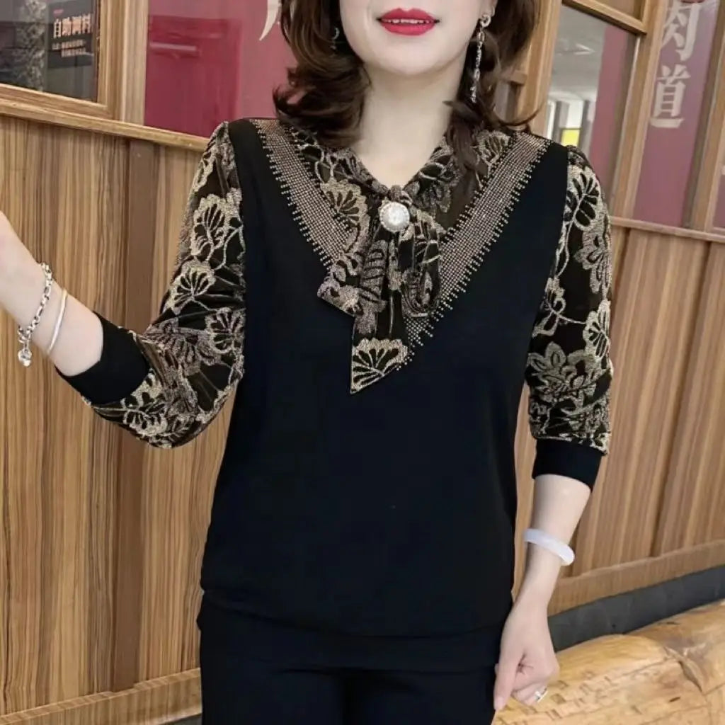 Loose Casual Office Retro BOW Chiffon V Neck Long Sleeve Chic Tops