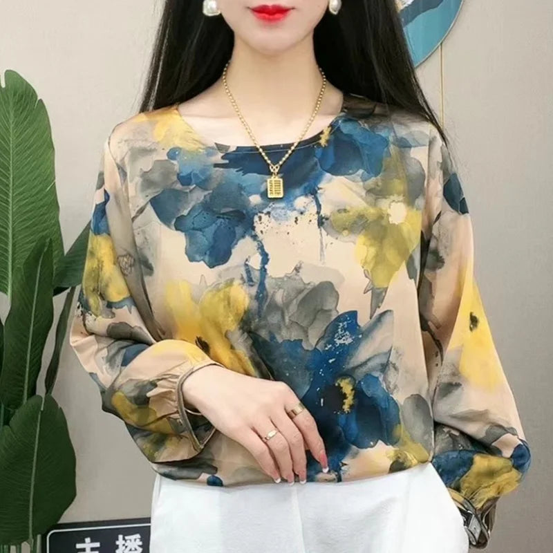 Vintage Print Round Collar Long Sleeve Loose Casual Chiffon Top