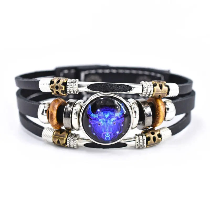 Twelve Constellations Luminous Leather Bracelet Retro Multi-layer Beaded Leather Bracelet Jewelry