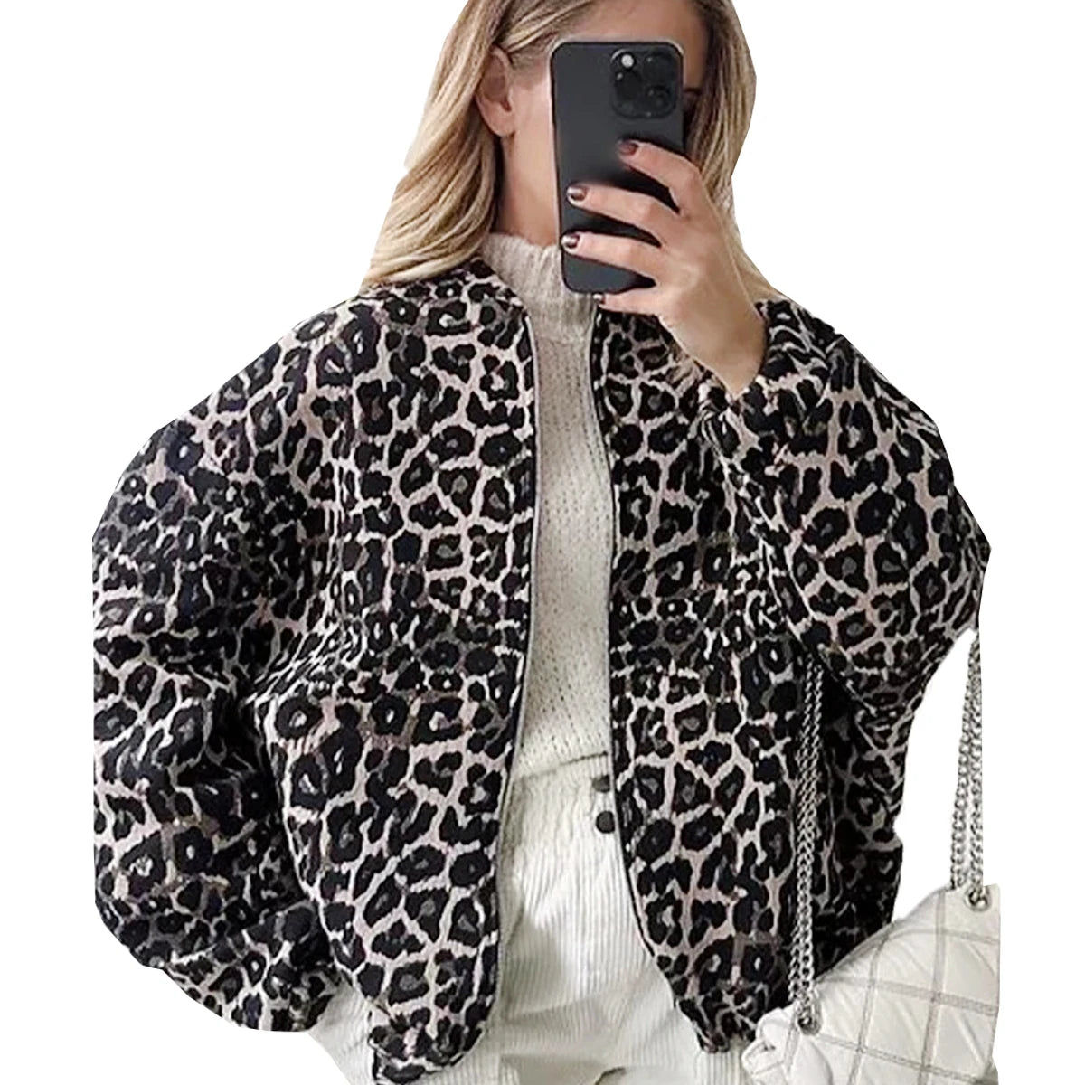 Retro Leopard Print O-neck Chic Zipper Pocket Long Sleeve Short Coats