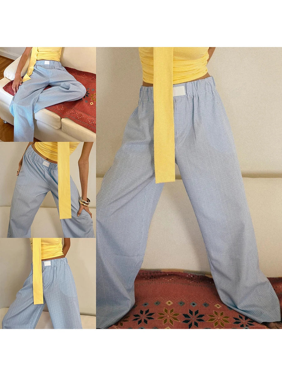 Women s Casual High Waist Wide Leg Palazzo Pants with Drawstring Elastic Waistband and Stylish Plaid Print