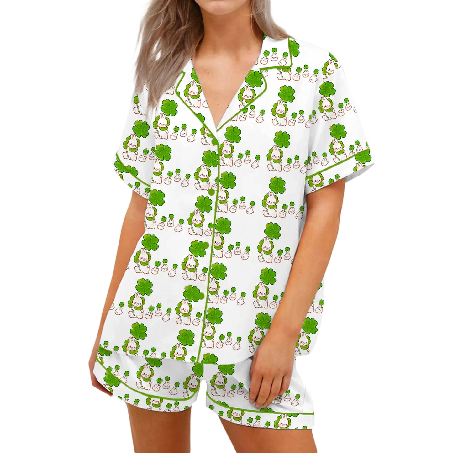Women s Pajama Set with Cute Bunny Print Short Sleeve Button-up Top and Shorts 2 Piece Lounge Outfit