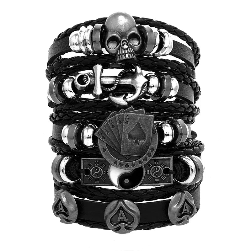 1 Fashion Bracelet Viking Bracelet For Men Hand Bracelets Woven Skull Hand Jewelry Adjustable Leather Set Bracelet