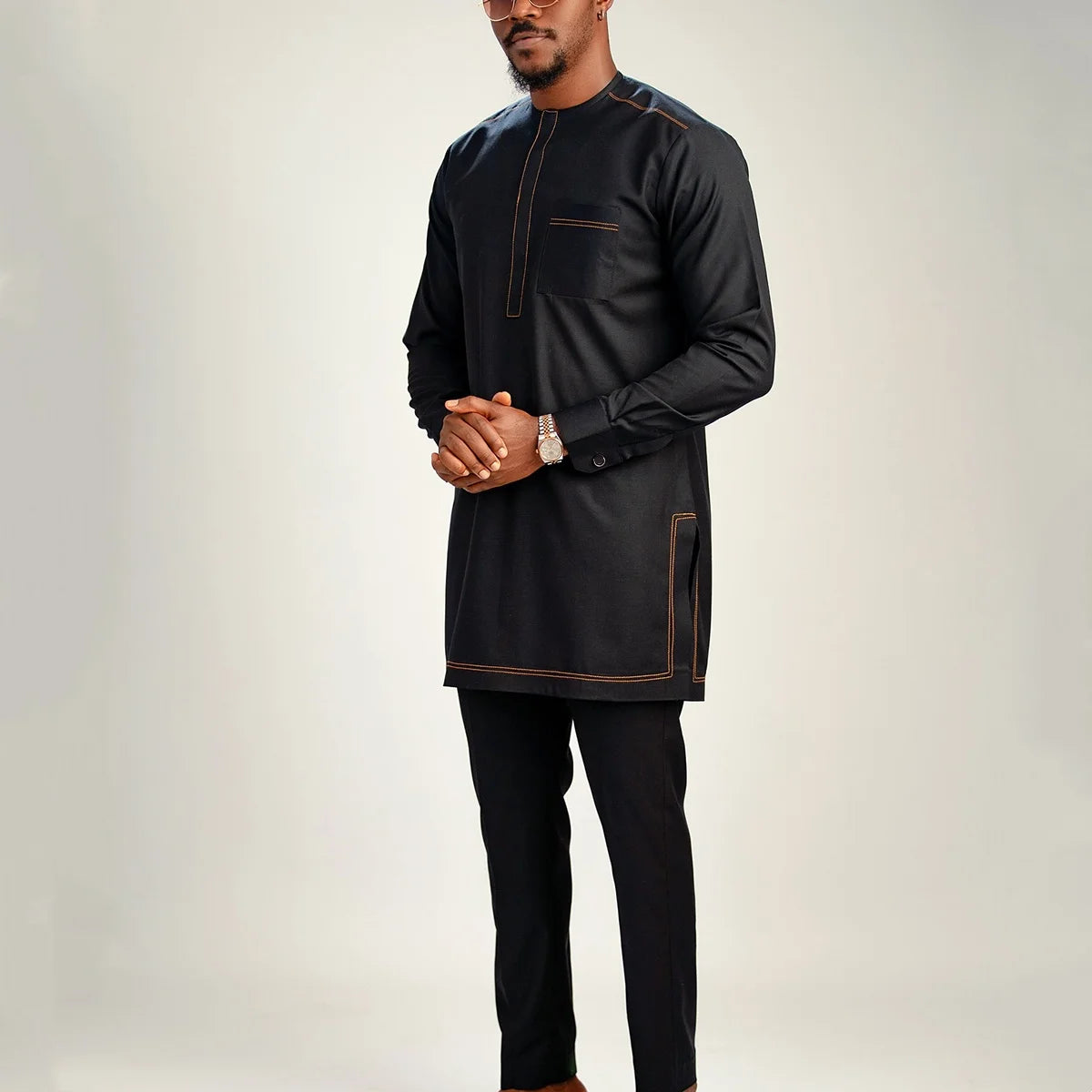 Men's  Wedding 2-Piece Suit Waist Pants Shirt Solid Color Panel Long Sleeve Party African Ethnic Style Clothing