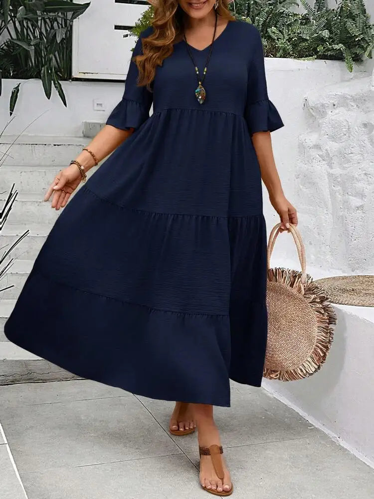 Spring and Summer  Large V-neck Splicing Multi color Multi plus size Long Style Large Swing Dress