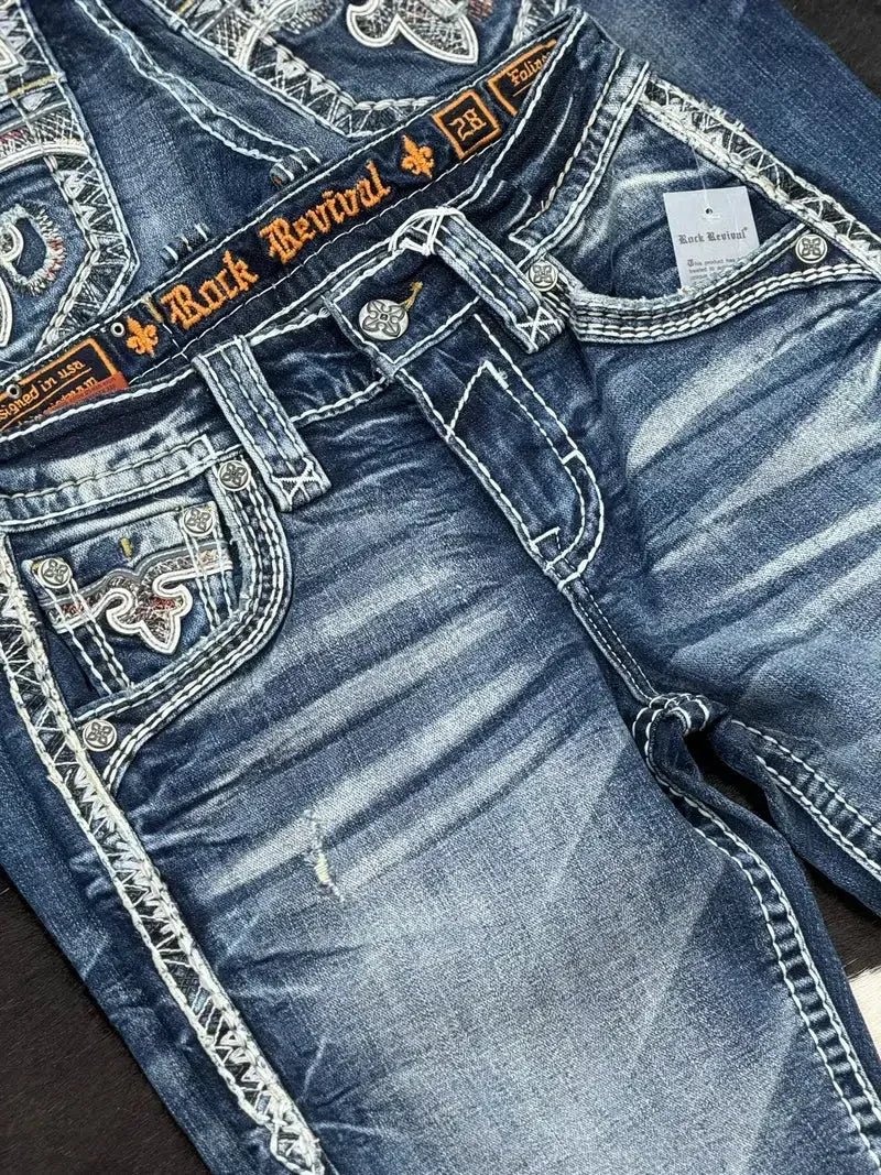Jeans Leaf Booties American Street Retro Embroidery Loose Casual Jeans High Waist Wide Leg Washed Street Casual Pants