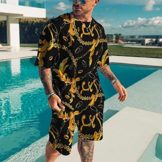 Summer Men's Luxury Pattern Sportswear 3D Printed Short Sleeve T-shirt Set Fashionable Casual Men's T-shirt Two Piece