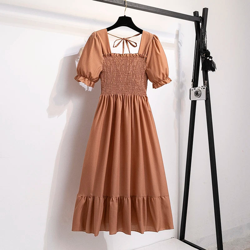 Chiffon Dresses Fashion Female Elastic Waist Short Sleeve Pleated Casual Dress Women A-line Dresses