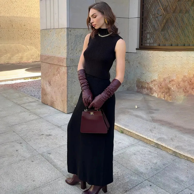 Elegant Long Skirt Two-piece Set Women's Sleeveless Knitted Turtleneck Vest and Skirt Set