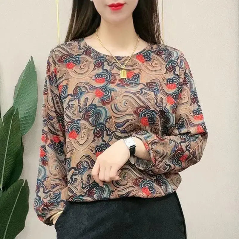 Vintage Print Round Collar Long Sleeve Loose Casual Chiffon Top