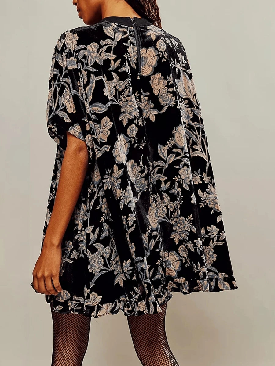 Velvet Mini Dress V-Neck short Sleeve Floral Print
