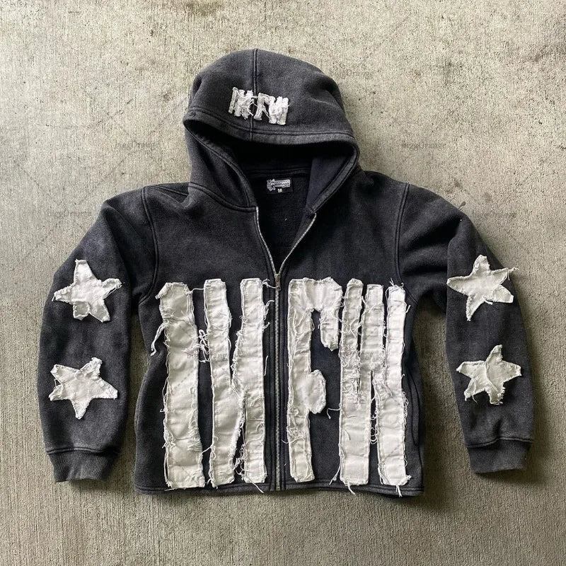 Star Letter Embroidered Zipper Sweatshirt Women  Loose Oversized Hoodie Versatile Casual Retro Jacket