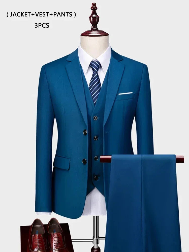 ( Jacket +Vest+ Pants ) Luxury Men's High-end Brand Solid Color Business Office Suit 3Pcs & 2Pcs Groom Wedding Party Suit Tuxedo