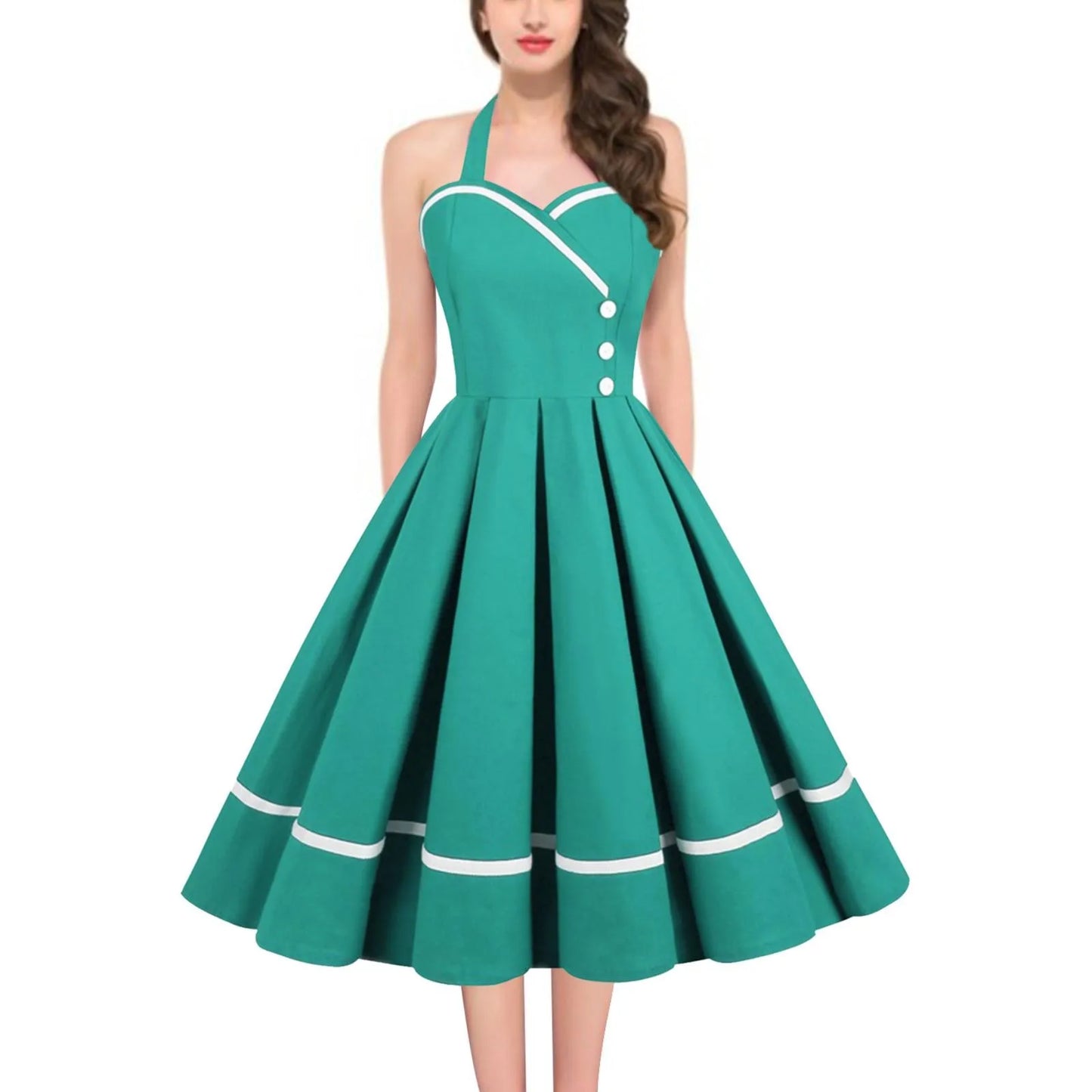 Halter Backless Pleated Big Swing Dresses Women Summer Retro 50s 60s Rockabilly Party Vintage Dress Pinup Elegant Evening Dress