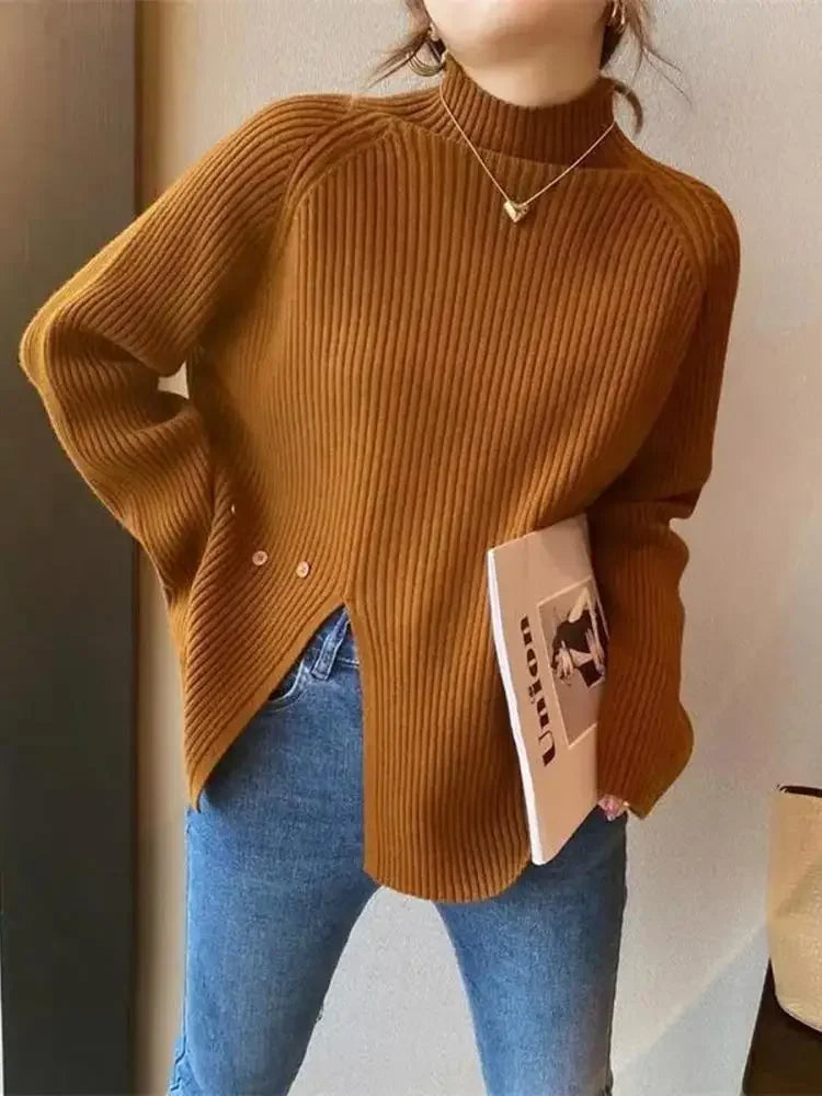 Women Sweater Pullovers Turtleneck Casual Autumn Winter Split Fork Button Chic Sweater Female Knit Top Soft Jumper Tops