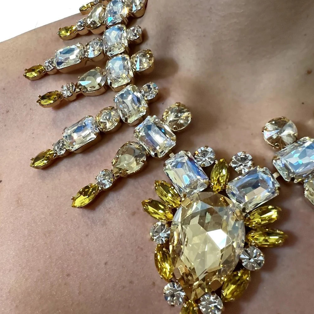 Large Bling Yellow Rhinestone Necklace  Boho  Accessories Crystal Necklace Collar
