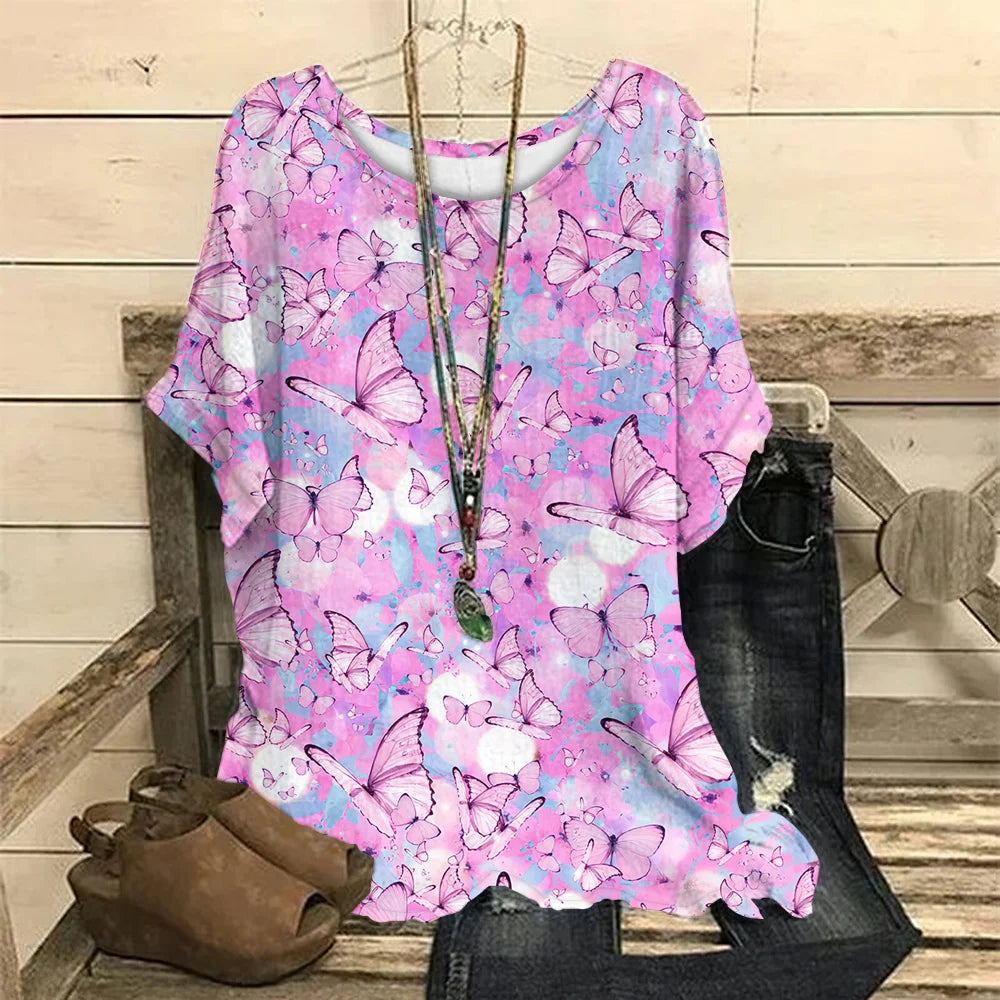 Women's T-Shirts Spring Clothing Floral Graphic O-Neck Pullovers Short Sleeve Tops Streetwear Oversized Apparel Ladies