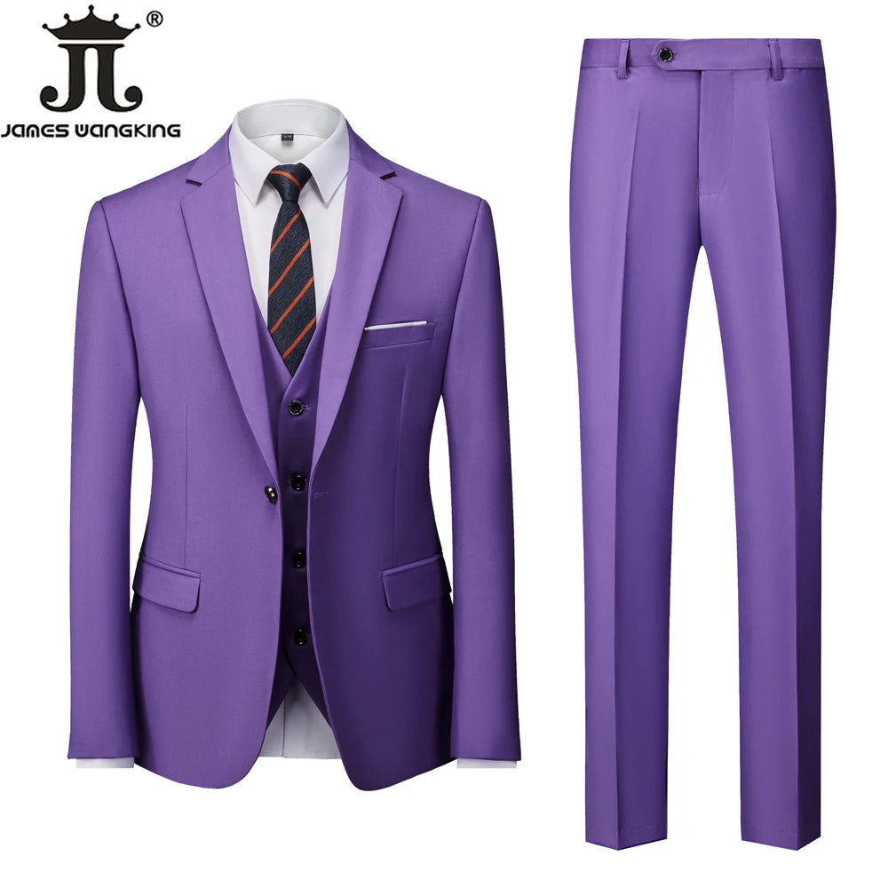 Jacket + Vest + Pants  Boutique Solid Color Men's Official Business Suit Bride's Wedding Dress Party Male Suit