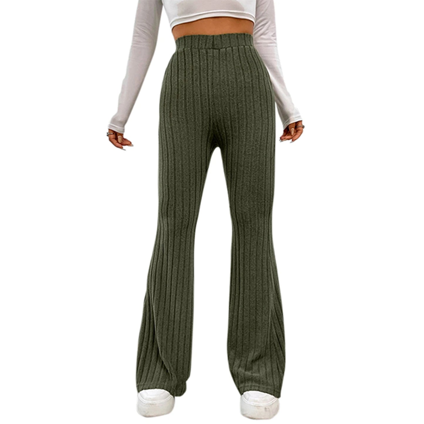 Women High Waist Flared Pants Casual Solid Color Ribbed Bell Bottoms Elastic Bootcut Trousers Streetwear