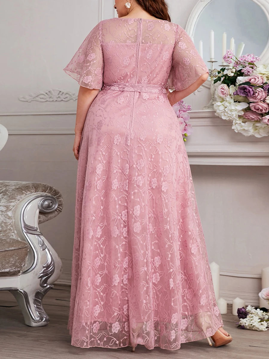Round-Neck Short Sleeve Solid Print Maxi Dress with Belt
