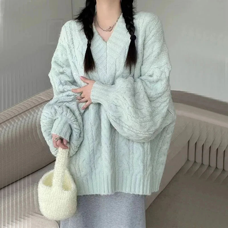 Women's Sweater Oversized Knitted Pullovers Long Sleeve V Neck Knitwear Preppy Solid Loose Jumper