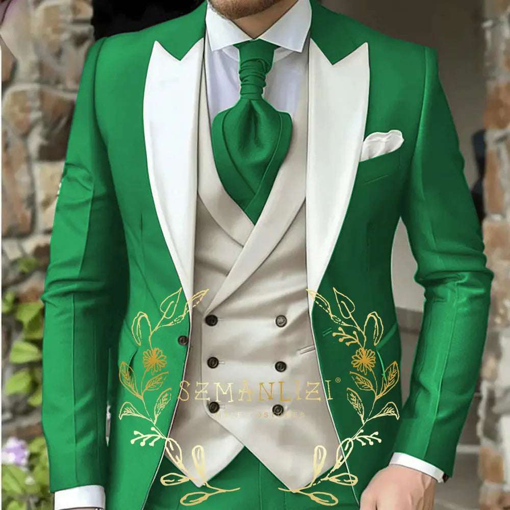 Classic Men's Suit 3 Piece Tuxedo Peaked Lapel Groomsmen Wedding Suits Set Fashion Men Business Blazer Pants Vest