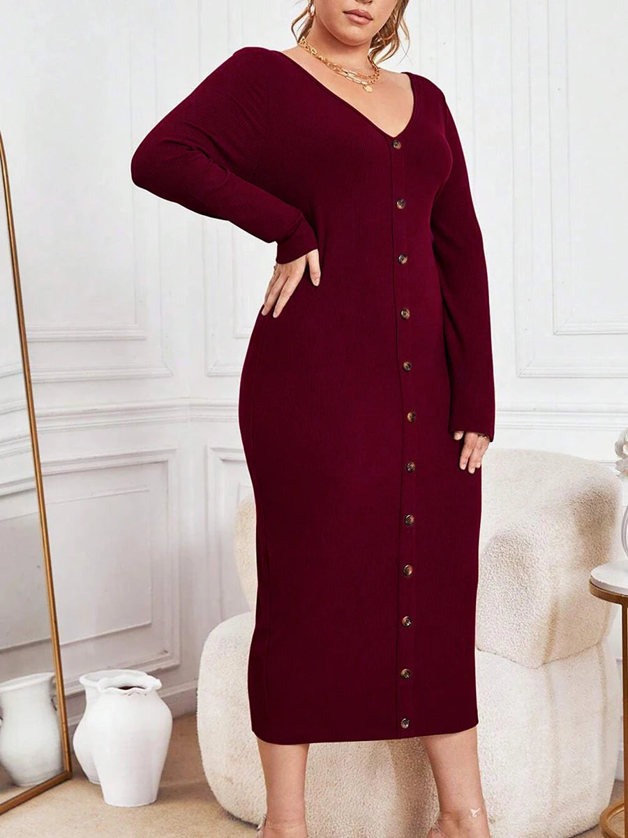 Ribbed Knit Maxi Dress with Long Sleeves and V-Neckline in Solid Color