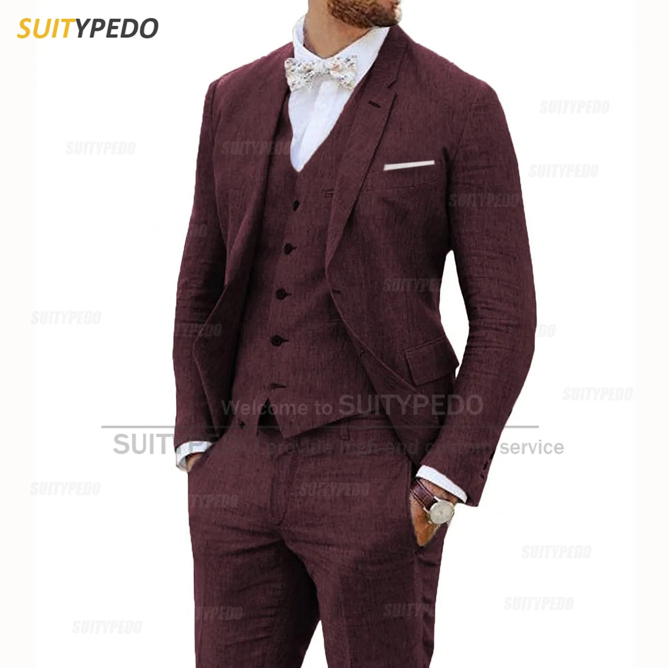Linen Suits for Men 3 Pieces Casual Slim Fit Suit Blazer Vest Pants Set Formal Prom Wedding Tuxedos for Groomsmen Best Man