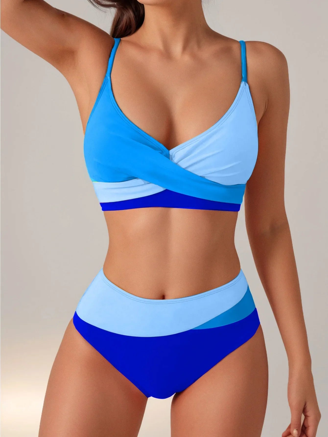 Patchwork 2 Piece Swimsuit for Women, high Waist V-neck Suspender Backless Bikini Set, summer Beach Vacation Swimwear