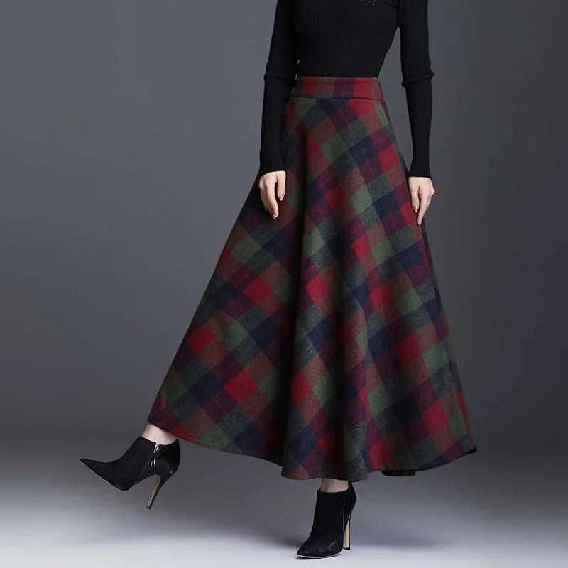 High Waist Woolen  Plaid Patchwork Pockets  A-line Large Swing Skirt