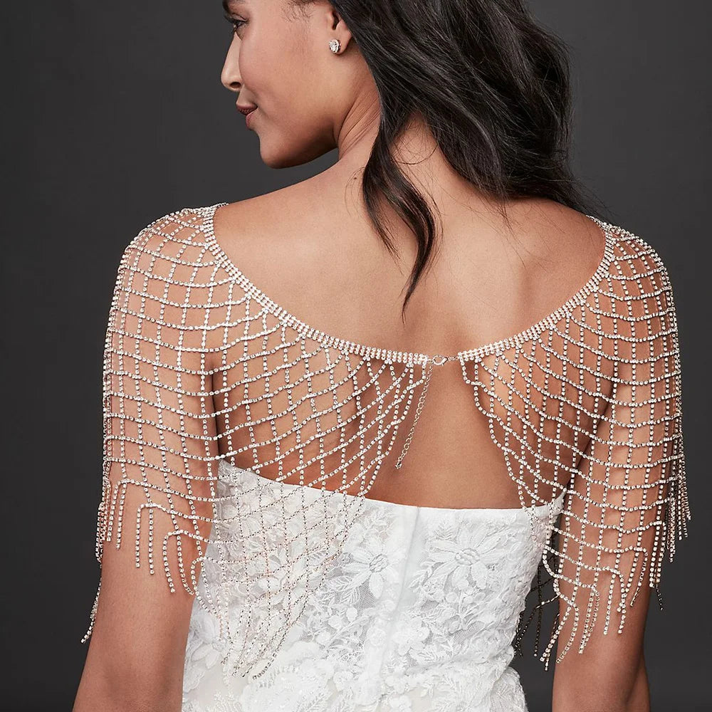 Mesh Tassel Shoulder Chain Necklace Dress Accessories  Crystal Body Chain Lingerie Jewelry