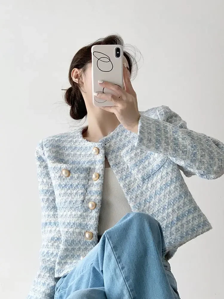 Women's Elegant Tweed Cardigan Short Coat With Pocket Single Breasted Jacket For Women Loose Outerwear