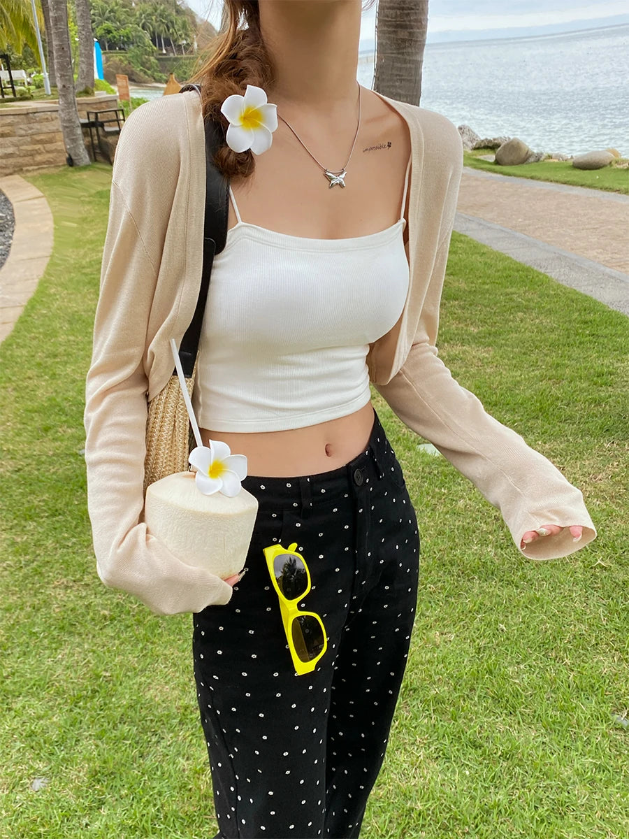 Summer Shrug Cardigan Women Sexy Long Sleeve Sheer Thin Crop Tops Woman Chic