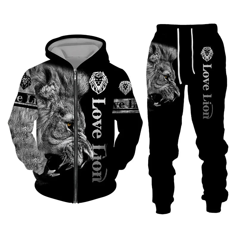 Men's Tracksuit 3D The Lion Print Zipper Hoodies Sweatshirts Pants Sets Casual Men's Clothing Women's Tracksuit