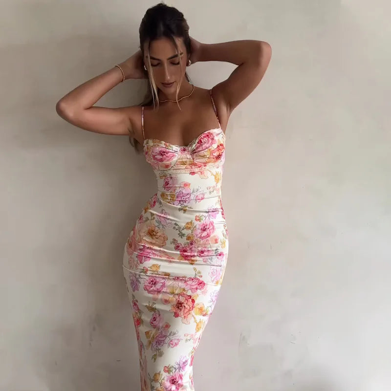 Floral Suspender Split Slim Sleeveless  Beach Style Spaghetti Strap Dress Women Clothes Mini Dress