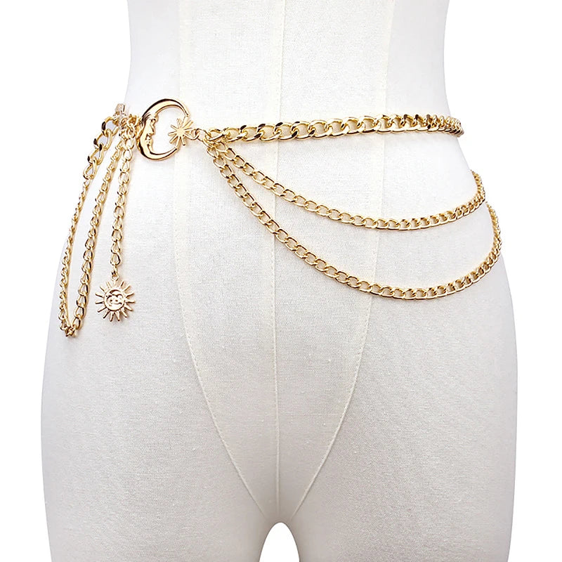 Women Waist Chain Belt for Dress Skirt Belts with Moon Star Waistbands Gold Silver Ladies Clothing Accessories