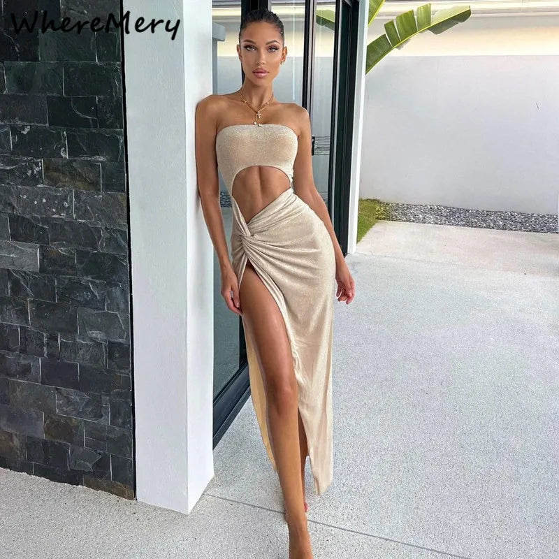 Sexy Sleeveless Slit Dress Hollow Out Elegant Skinny Women Long Dresses Fashion Ladies Party Club