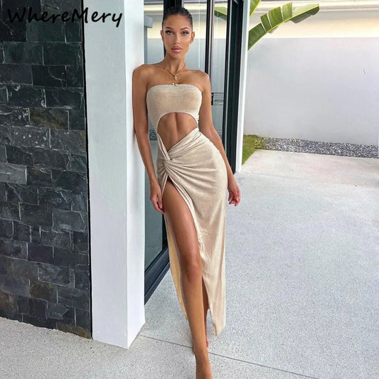 Sexy Sleeveless Slit Dress Hollow Out Elegant Skinny Women Long Dresses Fashion Ladies Party Club